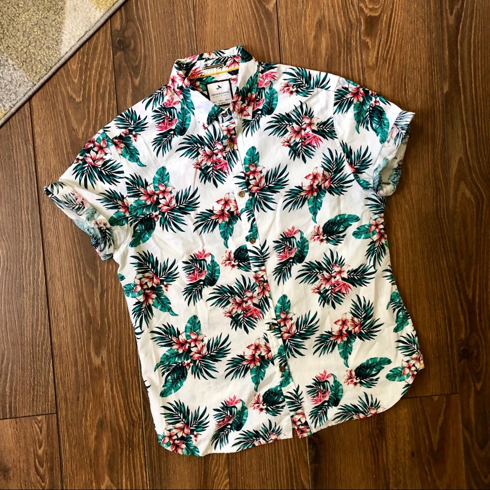 Short Sleeve Denim & Flower Tropical Print Shirt